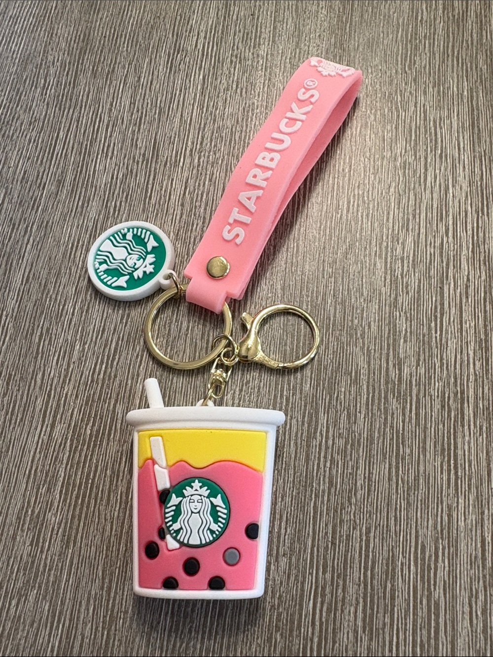 Starbucks Pink and Yellow Bubble Tea Keychain Strap with Gold Hardware